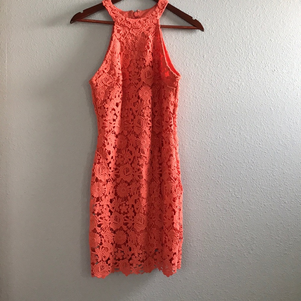 Coral lace midi dress. Worn once for wedding.